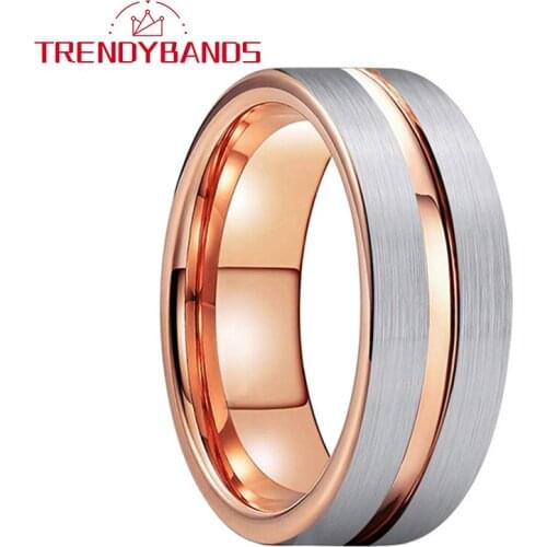 8MM Men Women Ring Tungsten Wedding Band Rose Gold Color With Brushed And Center Grooved Finish Comfort Fit