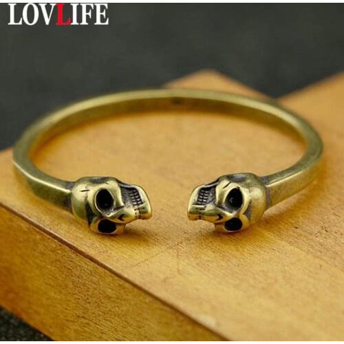 Punk Brass Skull Head Opening Bangle Bracelet Jewelry Fashion Accessories Retro Solid Copper Hip Hop Rock Bangles Cuff Bracelets