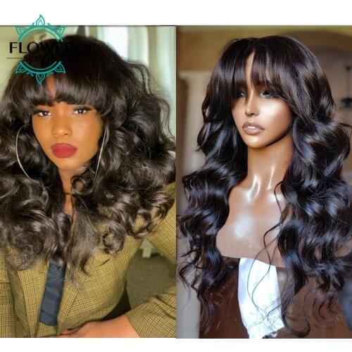 Wavy Human Hair Wig With Bangs O Scalp Top Full Machine Wigs Loose Wave 22" Glueless Remy BrazilianFor Black Women FlowerSeason