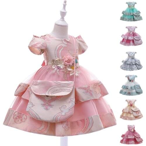 Flower Embroidery Girls Princess Dress Wedding Tutu Birthday Party Ball DressesTeen Girls Sweet Mesh Dress Kids Clothes With Bag