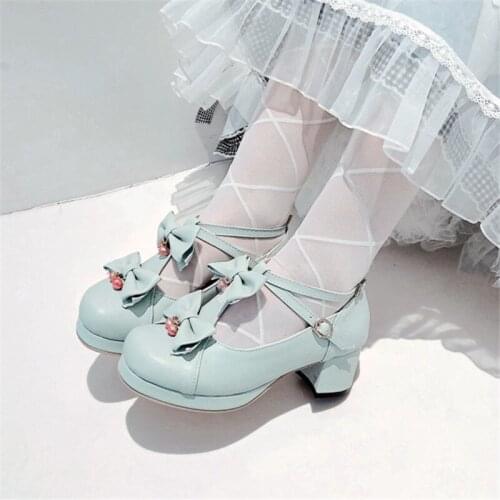 PXELENA Sweet Loli JK Girls T Strap Mary Janes Lolita Shoes Princess Butterfly-knot Strawberry Dress Party Wedding Cosplay Pumps