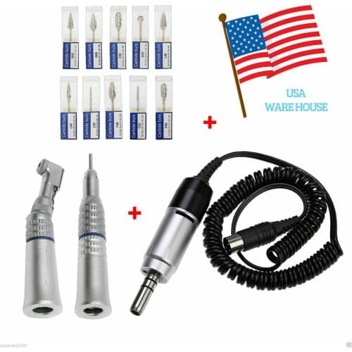 Dental Contra Angle Straight Handpiece Micromotor Electric E-type Motor+10PCS Tungsten Carbide Drill Burs