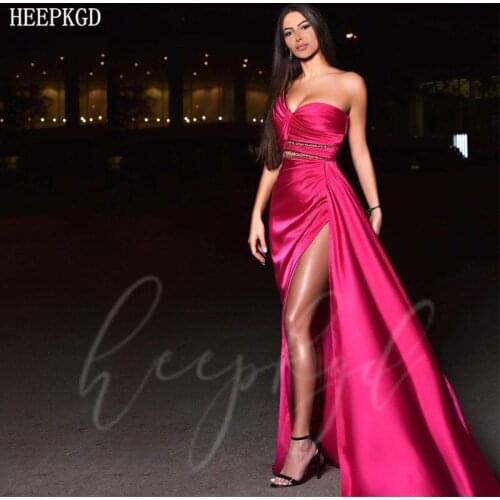 Hot Pink Sexy One Shoulder Prom Dresses High Slit Beading Satin See Through Arabic Evening Party Gowns Plus Size Special Dress
