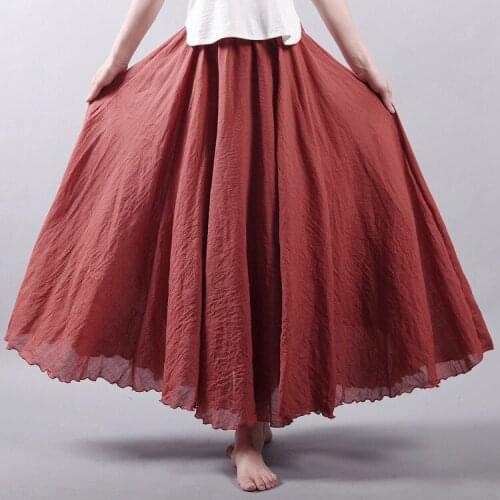 Women Cotton Linen Skirt Swing Long High Waist One Size Elastic A Line Girls Skirts Pleated Solid Color Ethnic Vintage Fashion