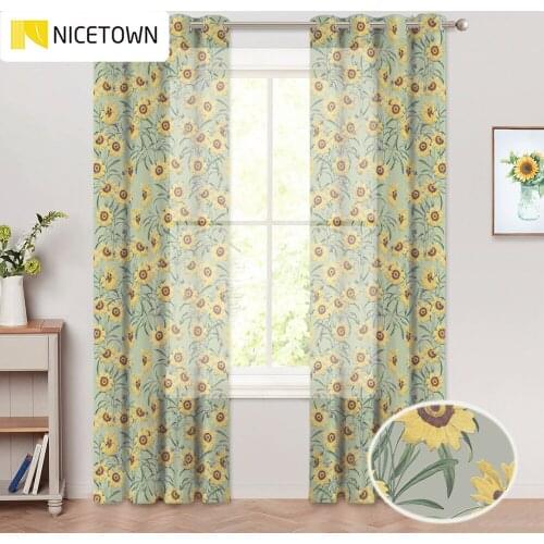 NICETOWN Summer Flower Helianthus Sheer Curtain Panels Light Voile Drapes Nature Printed Home Decor for Kitchen Dining Room