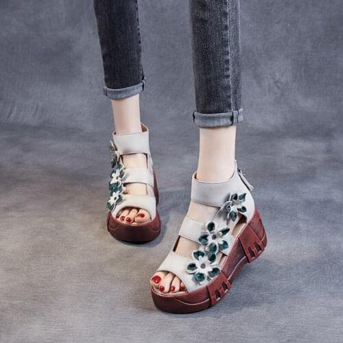 YourSeason Genuine Leather Ladies High Heels Sandals Zip Floral Wedges Handmade 2021 New Concise Women Platform Vintage Shoes