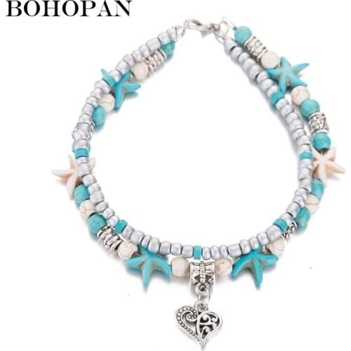 Women Starfish Beads Anklet Adjustable Beach Alloy Anklet Heart Pendant Foot Chain Boho Fashion Jewelry Party Gift For Girl