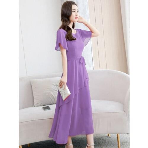 Fashion Women Dresses Ropa Mujer Plus Size Chiffon Short Sleeve Bow A-line Simple Long Beach Sukienki Vestido 4XL