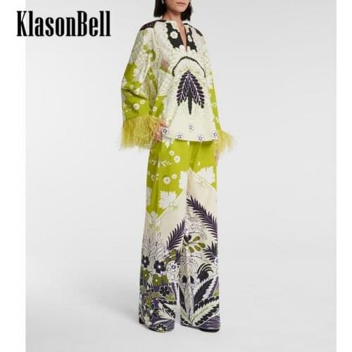 6.16 KlasonBell Feather Tassels Silk Print Shirt Blouse Or High Waist Slim Skirt Or Wide Leg Pants Fashion Set Women