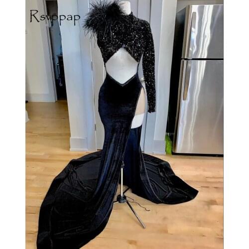 Long Prom Dresses 2021 Sexy African Girl Single Long Sleeve Sequin Top Cut-Out Waist Slit Black Mermaid Prom Dress