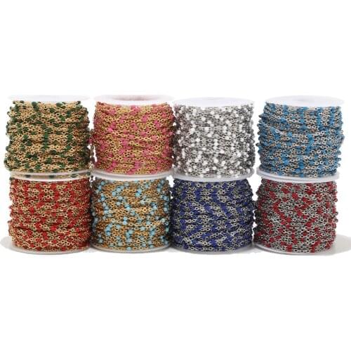 2 Meters 2mm Width Stainless Steel Enamel Blue/White/Red/Pink Beads Link Cable Chains for DIY Necklace Jewelry Making Findings