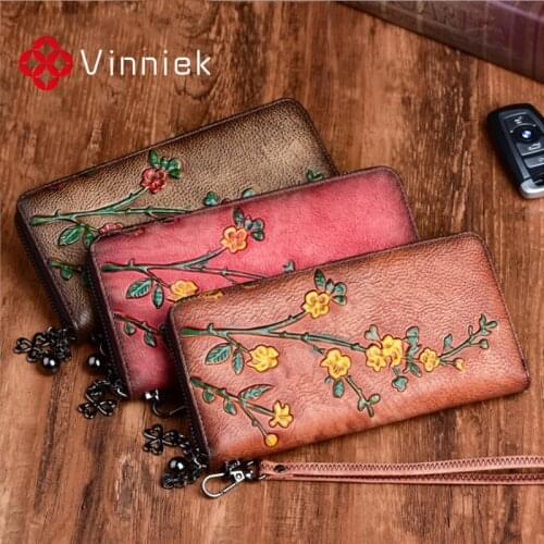 Vintage Genuine Leather Women Wallet Embossed Long Ladies Purse Multi-functional Cards Holder Zipper Leather Women Clutch Bag
