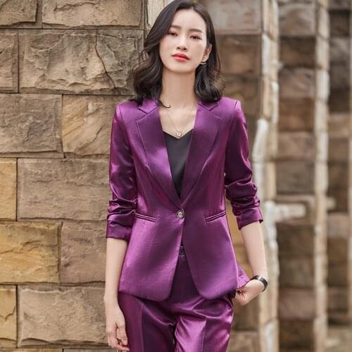 Large Size Suit High-end Business Wear 2021 Autumn and Winter Slim Ladies Purple Jacket Casual Temperament Trousers 2-piece Set