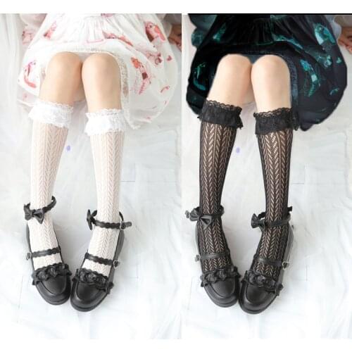 Lolita Gothic Dress Cute Girl Lace Stockings JP Sweet Cospla Below Knee High Kawaii Black White Vintage Lovely Ruffle Hosiery