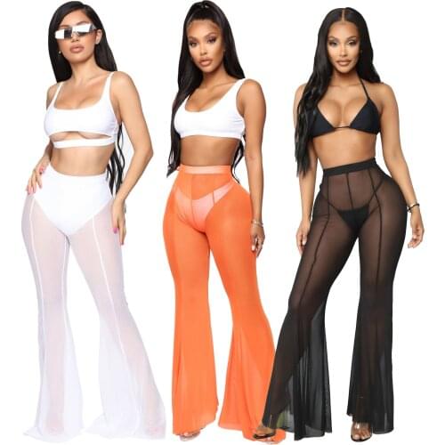 Fashion Sexy Women Beach Mesh Pants Pure Color Boot Cut Pants Transparent Casual High Waist Trousers Beach Club Outfits 3 Colors