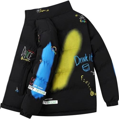 Mens Hip Hop Thick Parkas Double-sided Cartoon Graffiti Padded Jacket Winter Warm Fashion Windbreaker Oversized Streetwear New