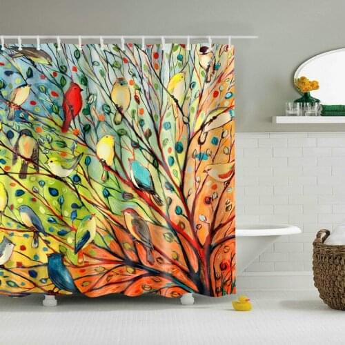 Colorful Tree with Birds Shower Curtain Set with 12 Hooks Natural Plants Bathroom Decoration Washable Polyester Fabric