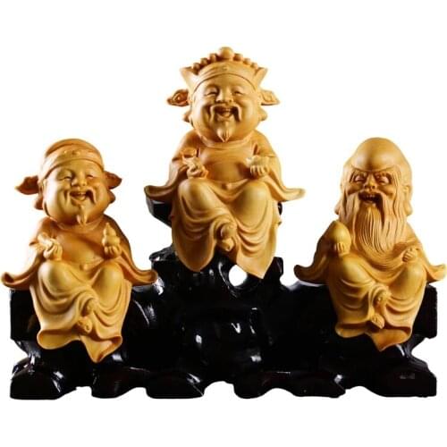 Solid wood carving Oriental mythology Luck star, Happiness, Longevity Gods statue ornaments crafts for home decoration