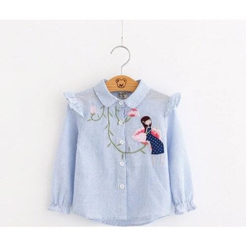 New Embroidery Childrens Girls Shirt Striped Beauty Flower Pattern Long Sleeve Blouses Baby Girls Toddler Clothes 3 4 5 6 7 8 Y