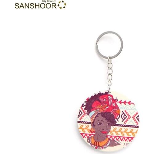 SANSHOOR Printing Ethnic Headwrap African Black Woman DIY Wood Keychain for Gift 1pcs