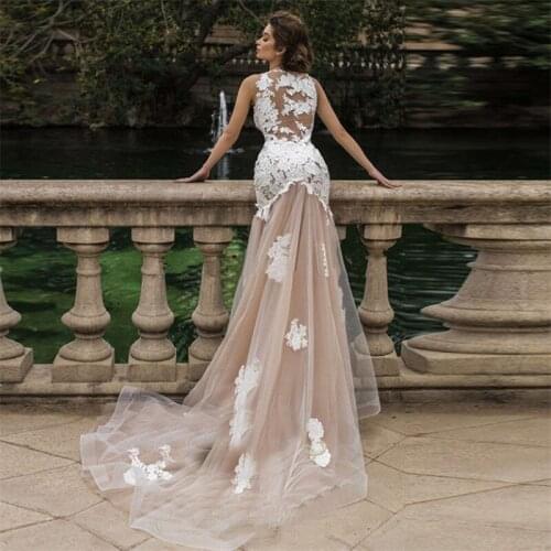 Sexy Appliques Wedding Dresses 2020 Lace Light Champagne Tulle O Neck See Through Bride Gowns vestido noiva with Train