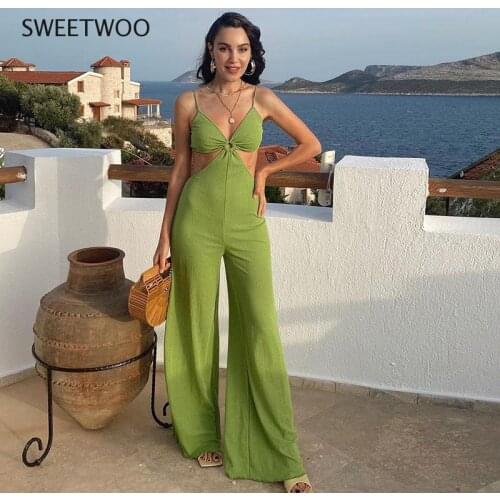 Sexy Cut Out Green Jumpsuits Women Rompers Fashion Club One Piece Outfits Summer Straps Overalls Clothes