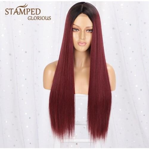 Stamped Glorious Long Straight Red Wig With Bangs Synthetic Wigs for Black Women Blonde Brown Cosplay Wig High Temperature