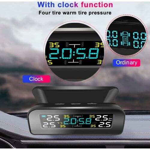 Universal TPMS Wireless Tire Pressure Monitoring System Solar Power Clock LCD Display 4 External Sensor Tire Pressure Sensors