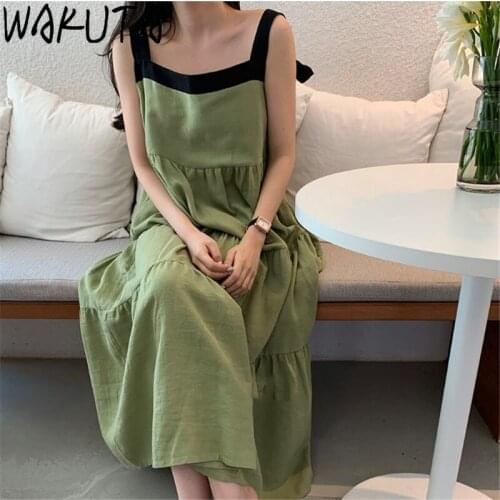 WAKUTA Summer Loose Color Block Backless Strap Long Dress Women Casual Euffled Lace Up Korean Chic Sleeveless Natural Dresses