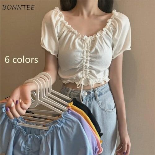 Slim T-shirt Women Sexy V-neck Solid 6 Colors All-match Retro Korean Style Fashion Chic Clothing Cropped Soft Summer Ladies Ins