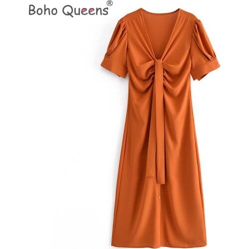 Boho Queens women solid short sleeve button pleated Bohemian maxi dresses Ladies v-neck rayon Boho happie dress