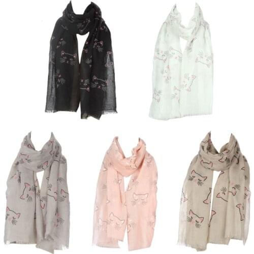 Women Spring Summer Voile Thin Scarf Shawl Lovely Cartoon Sleeping Meow Cat Print Blanket Beach Sunscreen Wraps Neck Warmer