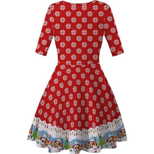 Christmas Print O-neck A-Line Half Length Women Sexy Dress High Street Leisure Pleated Dress Elegant Party Dress