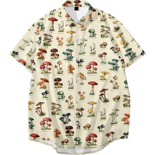 Man Harajuku Blouses Cute Mushroom Printing Shirts Turn-down-collar Streetwear 2021 Summer Short Sleeve Tops Plus Size 6XL