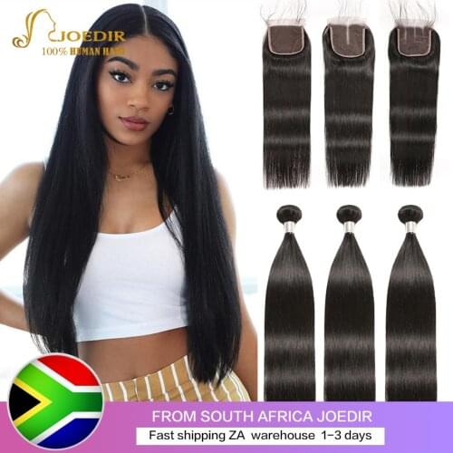 Brazilian Human Straight Hair Bundles With Lace Closure Human Hair Weave Bundles With Closure Joedir Non-Remy For Black Women