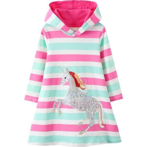 Jumping Meters New Arrival Fashion Children Dresses Cotton Princess Girls Dress with Hooded Unicorn Beading Hot Selling Dress