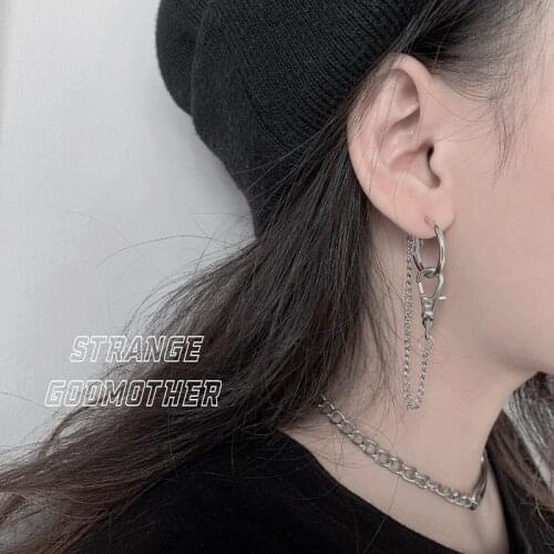 FFLACELL Cool Asymmetry Chain Metallic Lock Hip Pop Tassel Exaggeration Ear Bone Clip Dangle Earrings For Women Jewelry