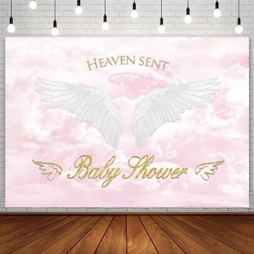 Baby Shower Backdrops Little Angel Pink Girl Wing Golden Glitter Photography Backgrounds Photo Studio Photophone Photozone Decor