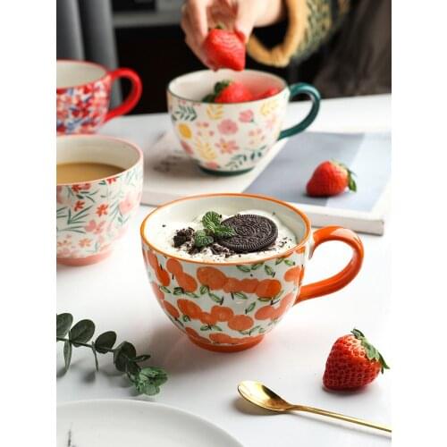 Ins Popular Large Capacity 460ML Ceramic Mugs With Handgrip Milk Oatmeal Breakfast Drinkware Cute Floral Printed Under Glazed