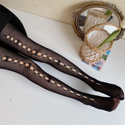 Lolita Hollow Bowknot Women Pantyhose Sexy Lace Mesh Tights Stockings Summer Female Girls Kawaii Socks Match Dress