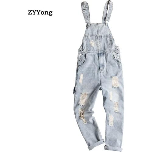 Light Blue Hole Overalls Men Denim Jumpsuit Ripped Tattered Jeans Bib Cotton Hip Hop Big Pocket Cargo Pants Trousers Clothing