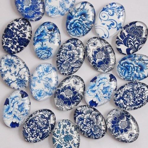 18x25mm Mixed Style Blue and white Porcelain Oval Glass Cabochon Dome Jewelry Finding Cameo Pendant Settings paired 20pcs K04802