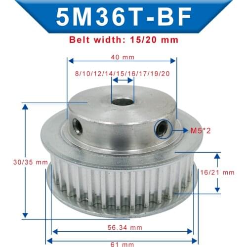 5M-36T Pulley Inner Bore 8/10/12/14/15/16/17/19/20 mm Aluminum Belt pulley Slot Width 16/21 mm For Width 15/20 mm 5M-timing belt