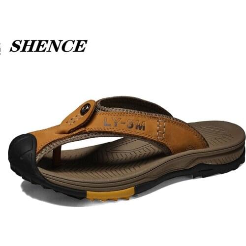 SHENCE 2021 Summer Shoes Men Slippers Genuine Leather Beach Slippers Mens Flip Flop Sandals Summer Men Shoes Male Flip Flops