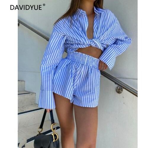 Summer shorts sets women vacation outfits elegant korean fashion shorts streetwear striped long shirt blue high waisted shorts