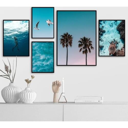 Nordic Beach Sea Posters And Prints Coconut Palm Tree Turtle Wall Art Canvas Painting Wall Pictures For Living Room Home Decor