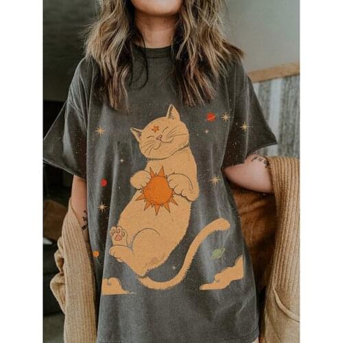 Vintage Cat Print Tshirts Oversized T Shirt Women Harajuku Casual Loose Short Sleeve Tee Shirt Femme T-shirts Plus Size Tops