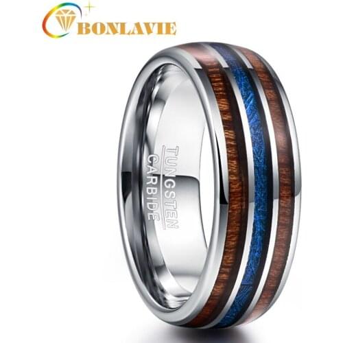 High Polished 8MM Hawaiian Koa Wood Men Ring Full Size Wedding Bands Blue Imitation Vermiculite 100% Tungsten Carbide Ring