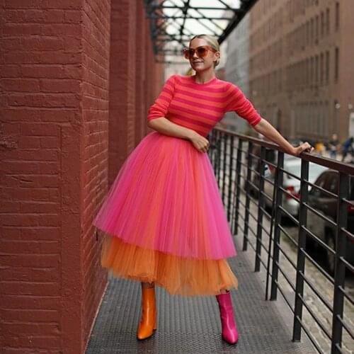 High Street Fuchsia With Orange Color Tulle Skirts Women 2 Layer Tiered A-line Tulle Skirt Elastic Mix Color Tulle Saias