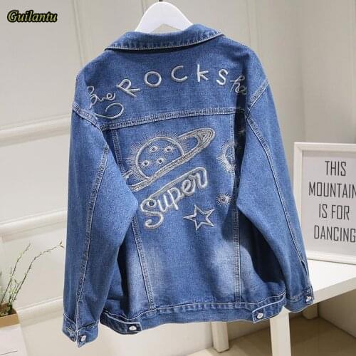 Guilantu Spring Autumn Embroidery Letter Vintage Denim Jacket Women Plus Size Short Jeans Coat Female Harajuku Bomber Jackets